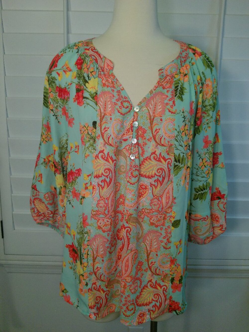 Blouse Figueroa & Flower Multicolor Floral V-Neck 3/4 Sleeve Pullover Size L